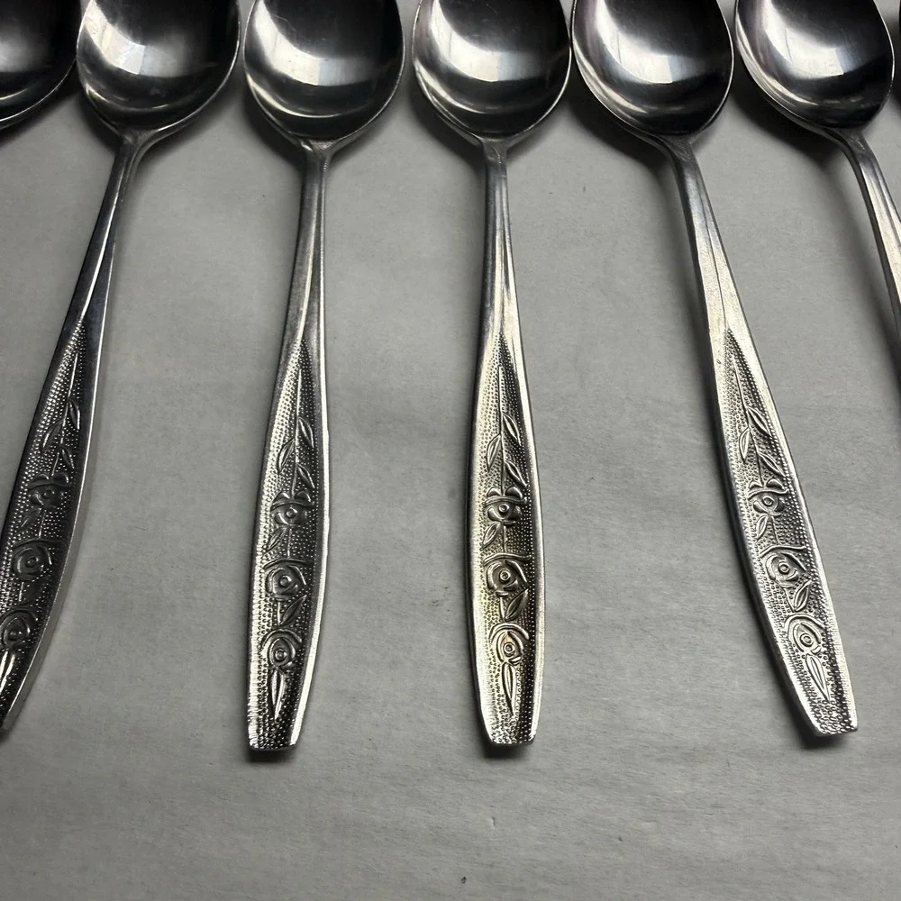 9 Vintage Customcraft CUS1 Dinner Place Spoons Roses Stainless Steel Flatware